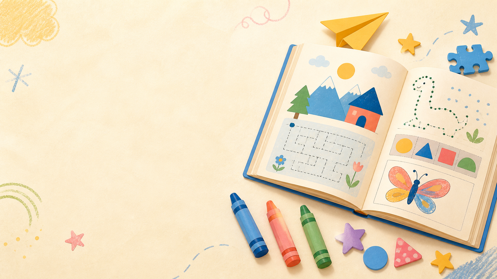 Open activity book with crayons and puzzle pieces